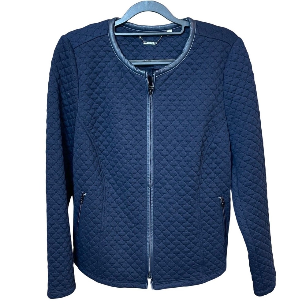 Chico's Navy Blue Quilted Faux Leather Trim Zip Jacket Women Size 1 M 8